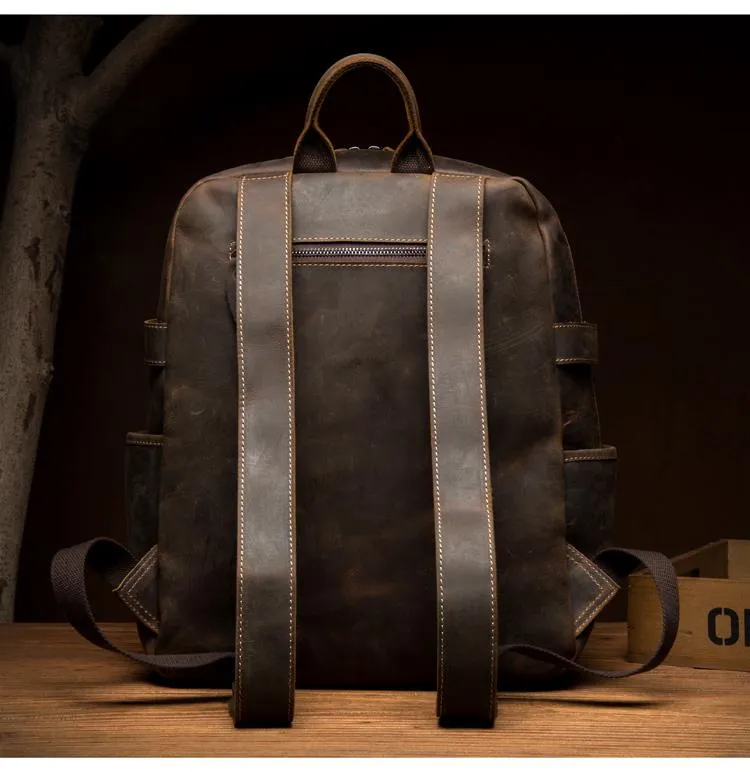 Casual Brown Mens Leather 14-inch Computer Backpacks Coffee Travel Backpack School Backpacks for men