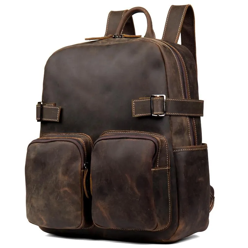 Casual Brown Mens Leather 14-inch Computer Backpacks Coffee Travel Backpack School Backpacks for men