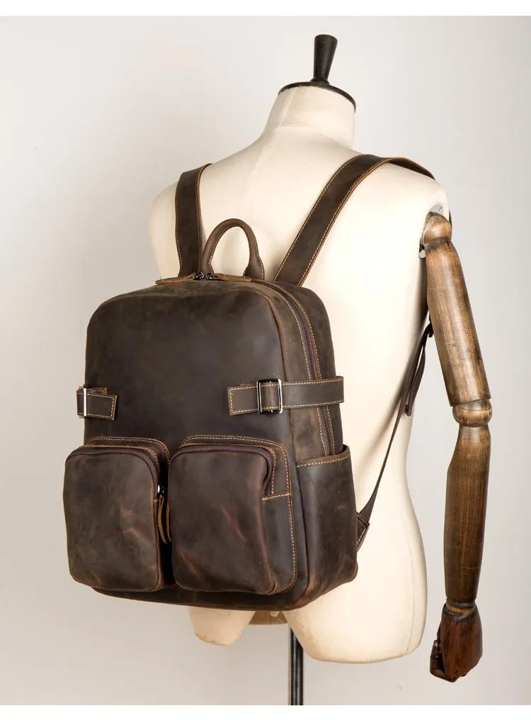Casual Brown Mens Leather 14-inch Computer Backpacks Coffee Travel Backpack School Backpacks for men