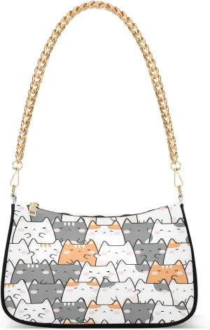 Cat Shoulder Handbags for Women Travel Hobo Tote Handbag Women Gold Chain Shoulder Bags Purse with Zipper Closure