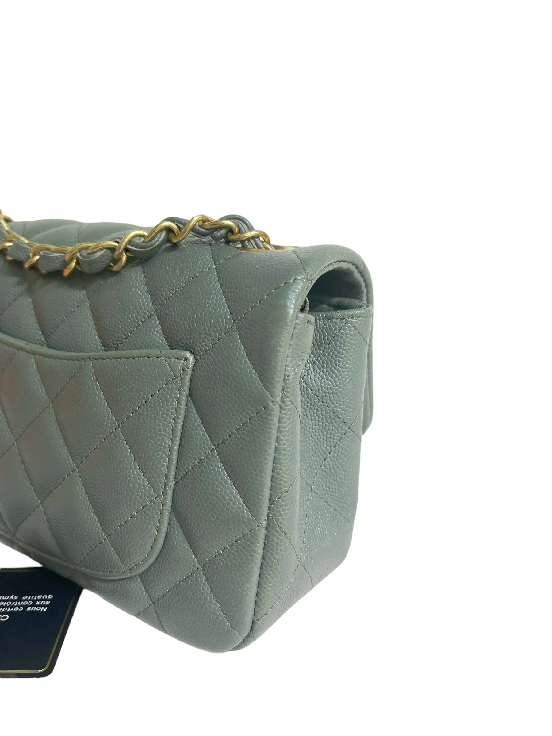 CHANEL 18C Iridescent Green Caviar Rectangular Mini Flap Bag Brushed Gold Hardware