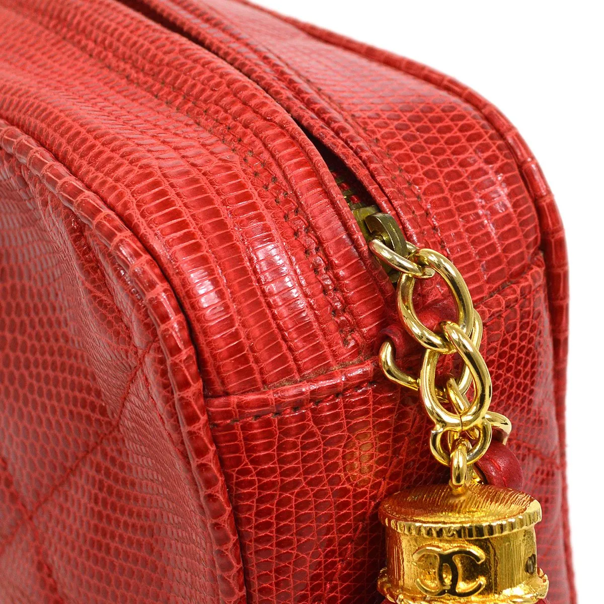 CHANEL 1986-1988 Red Lizard Diamond Camera Bag Mini RK14247c