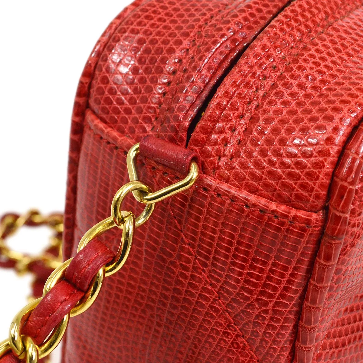CHANEL 1986-1988 Red Lizard Diamond Camera Bag Mini RK14247c