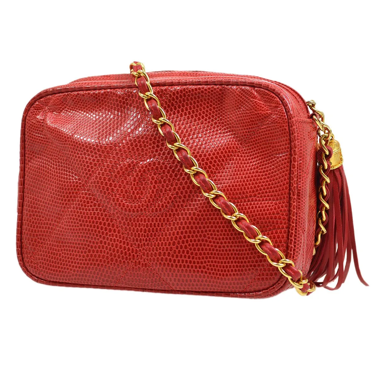 CHANEL 1986-1988 Red Lizard Diamond Camera Bag Mini RK14247c