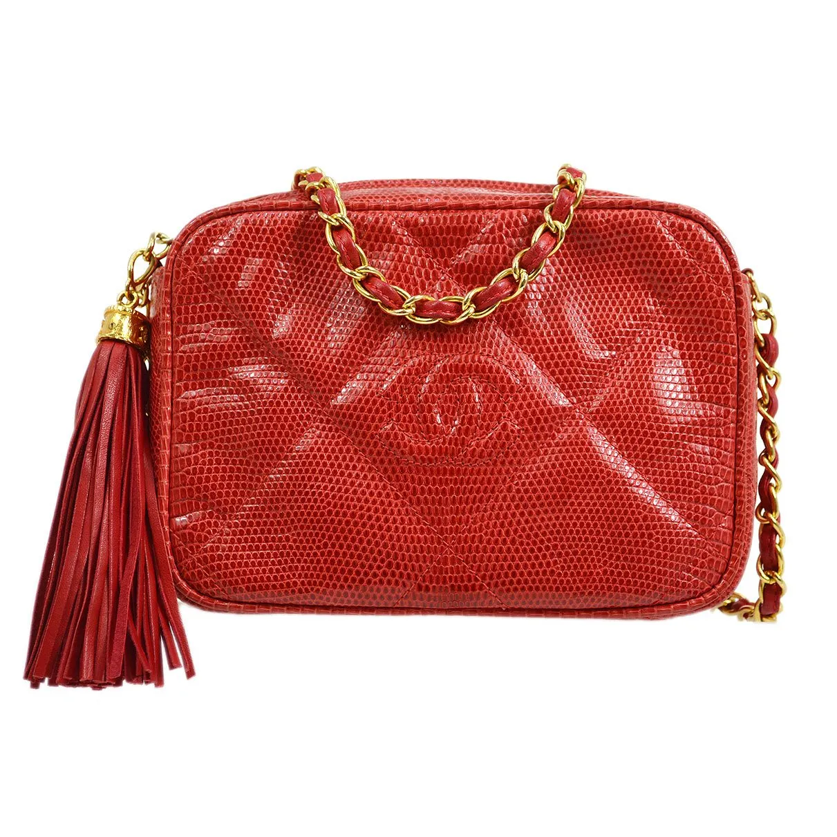 CHANEL 1986-1988 Red Lizard Diamond Camera Bag Mini RK14247c