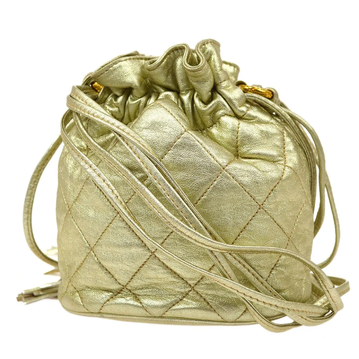 CHANEL 1989-1991 Gold Lambskin Drawstring Bucket Bag