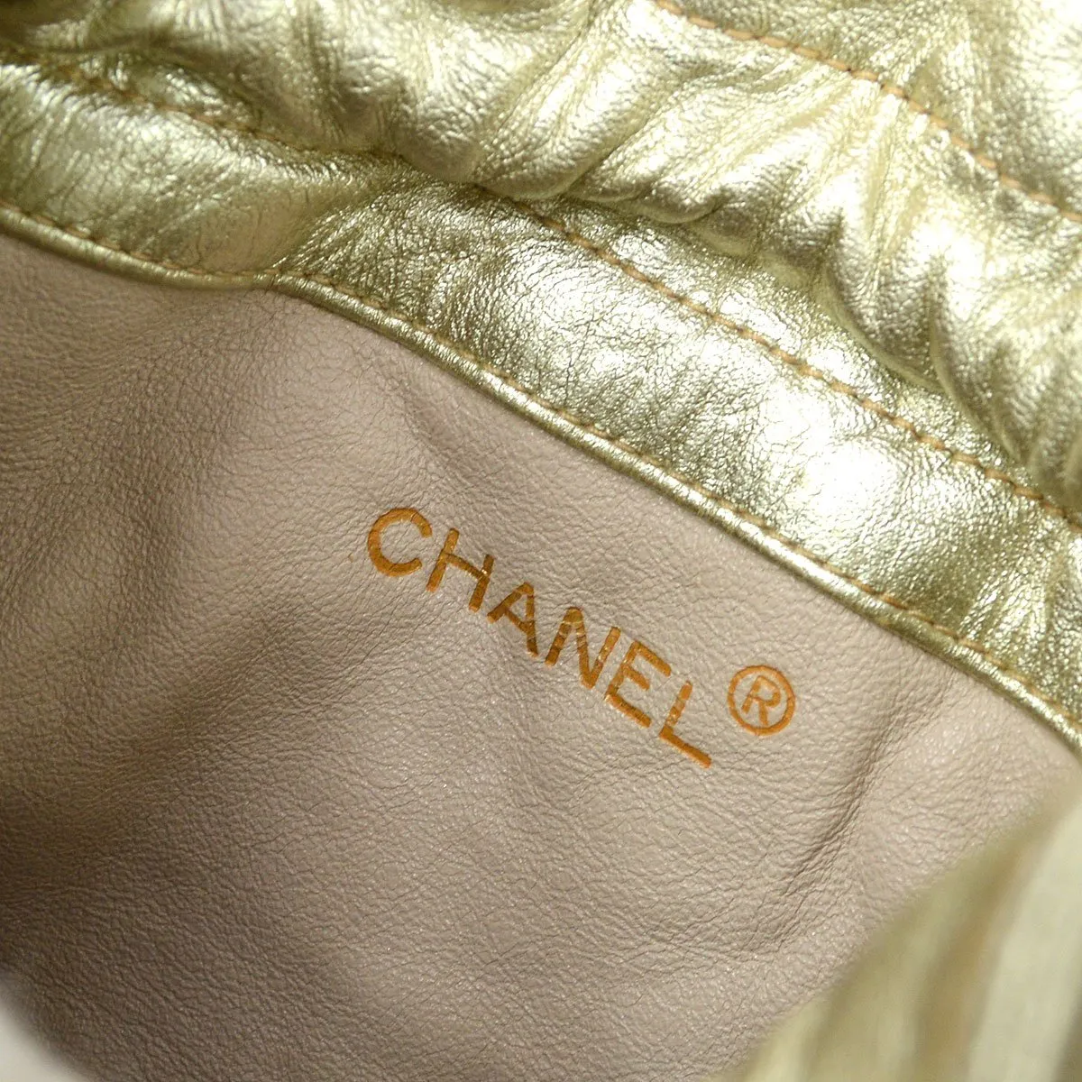 CHANEL 1989-1991 Gold Lambskin Drawstring Bucket Bag