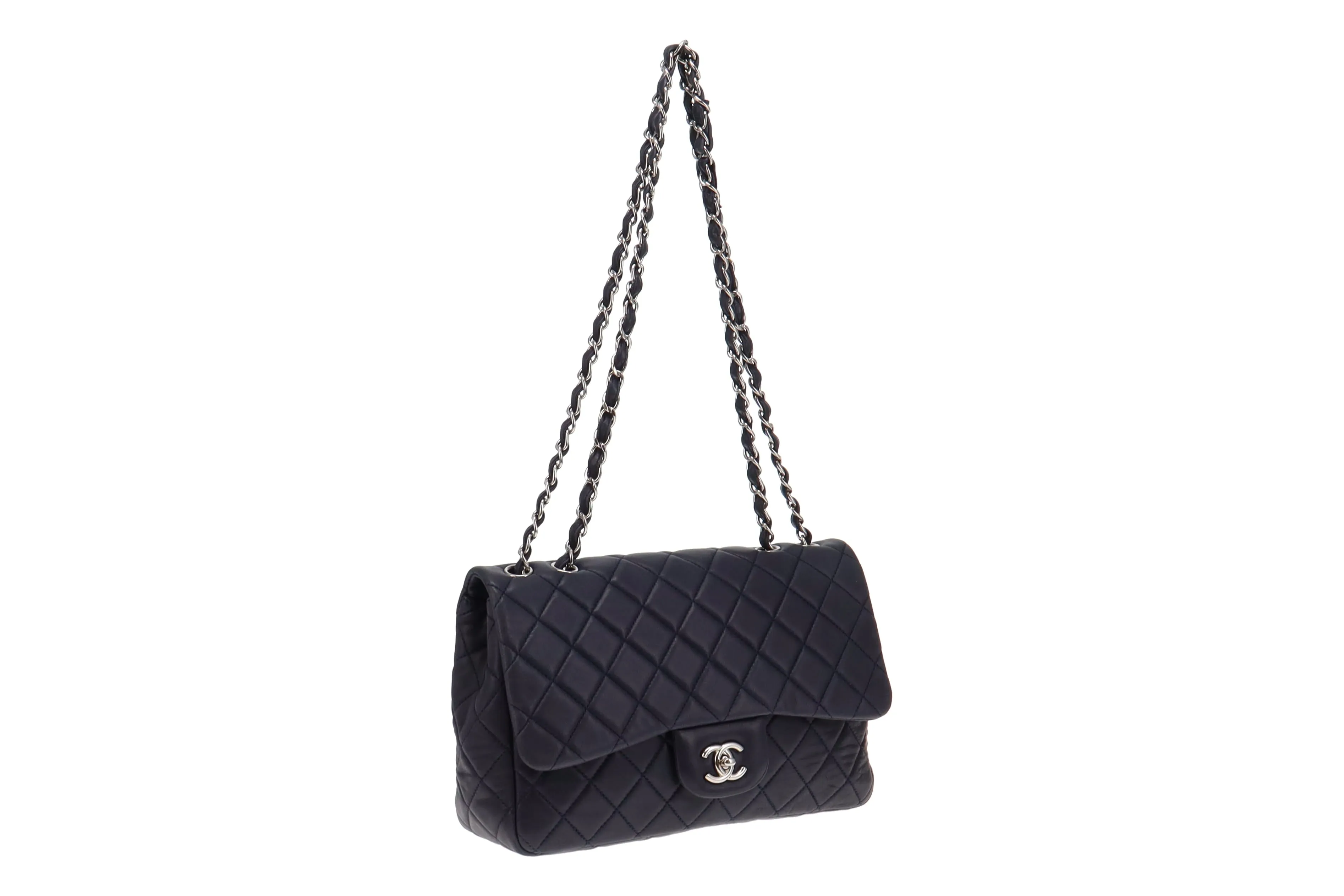 Chanel 2009 Navy Washed Lambskin Single Flap Jumbo Silver Hardware 2008/09