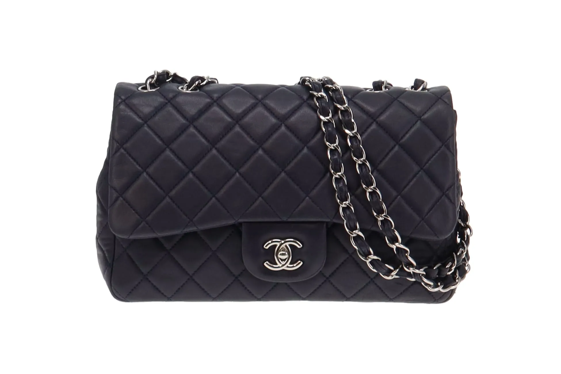 Chanel 2009 Navy Washed Lambskin Single Flap Jumbo Silver Hardware 2008/09