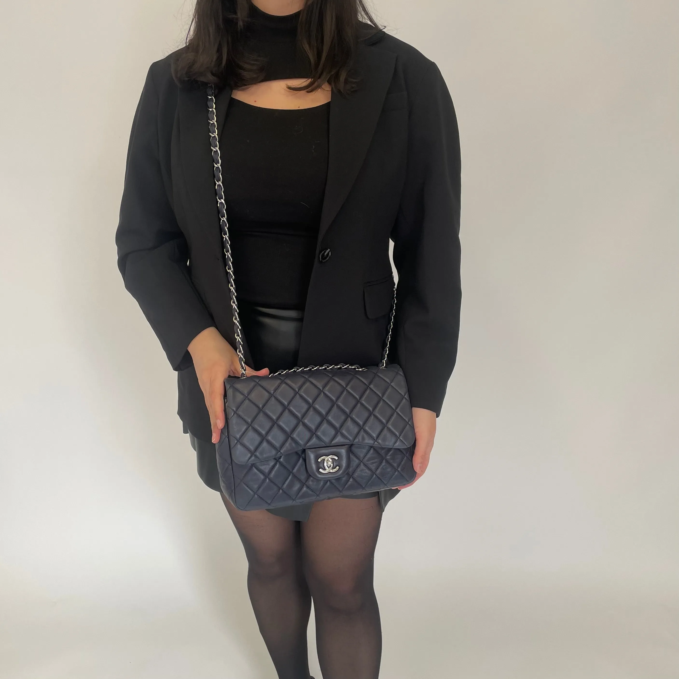 Chanel 2009 Navy Washed Lambskin Single Flap Jumbo Silver Hardware 2008/09