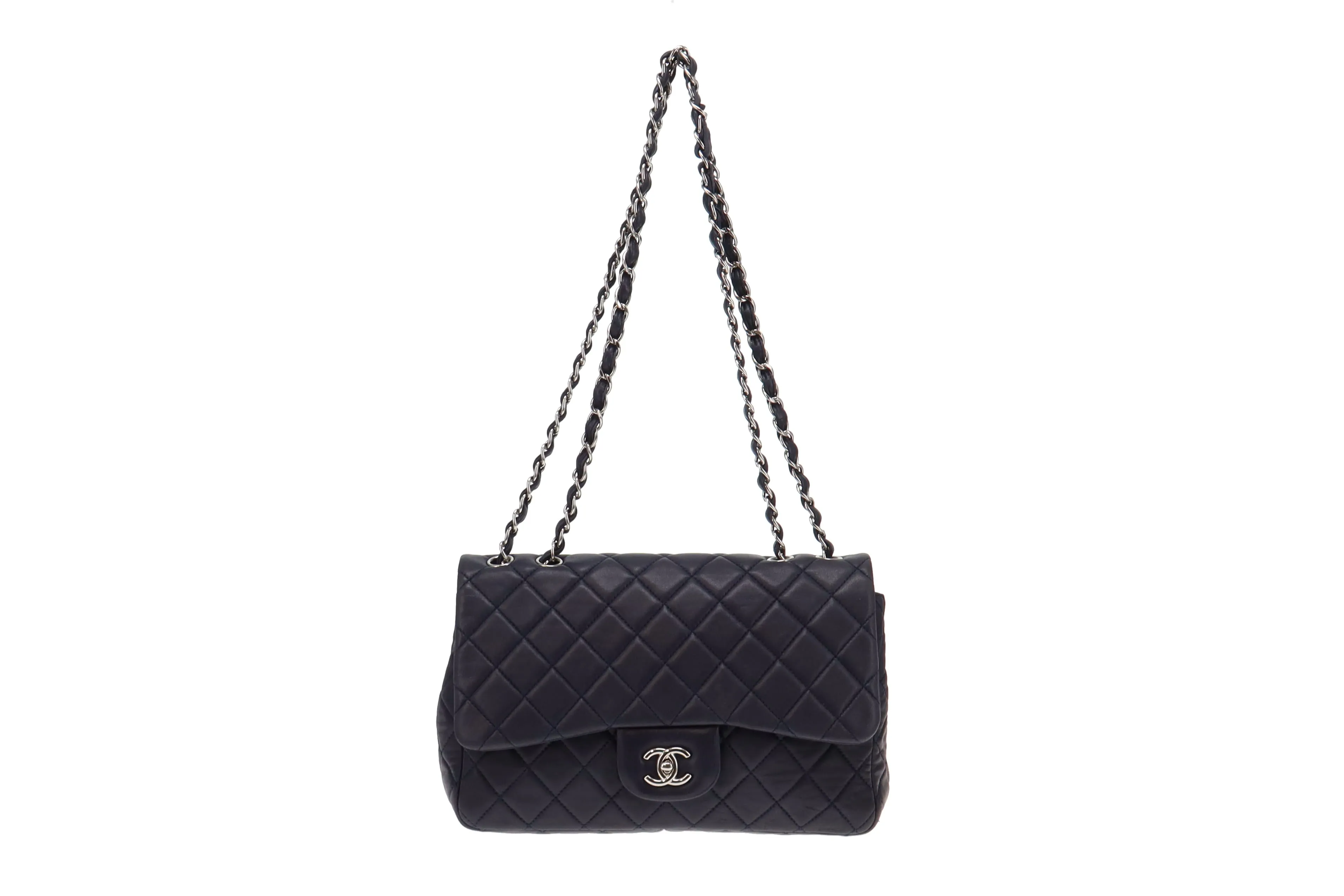 Chanel 2009 Navy Washed Lambskin Single Flap Jumbo Silver Hardware 2008/09