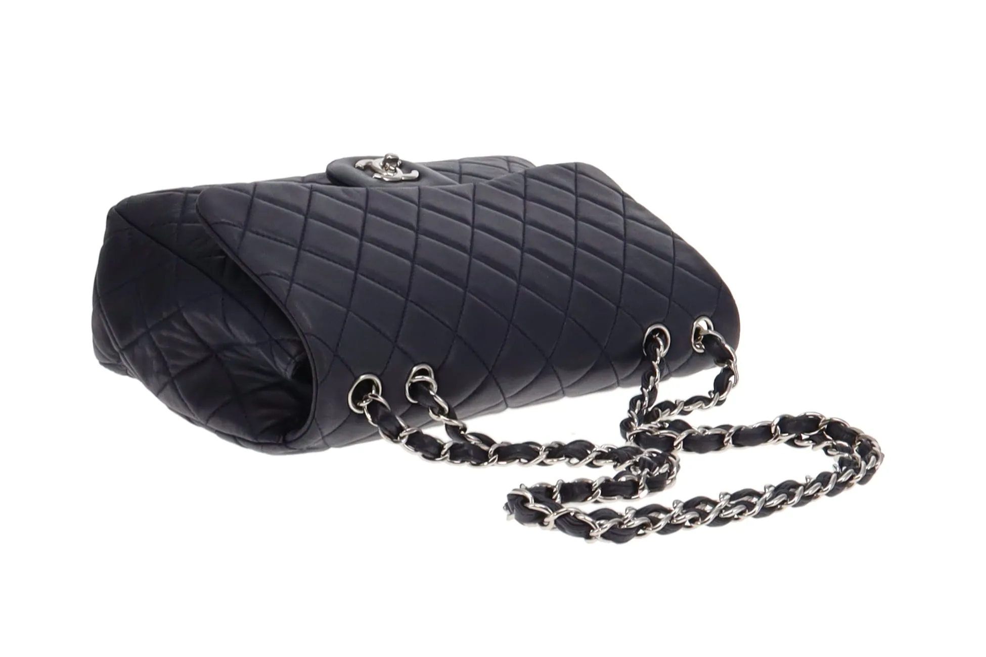 Chanel 2009 Navy Washed Lambskin Single Flap Jumbo Silver Hardware 2008/09