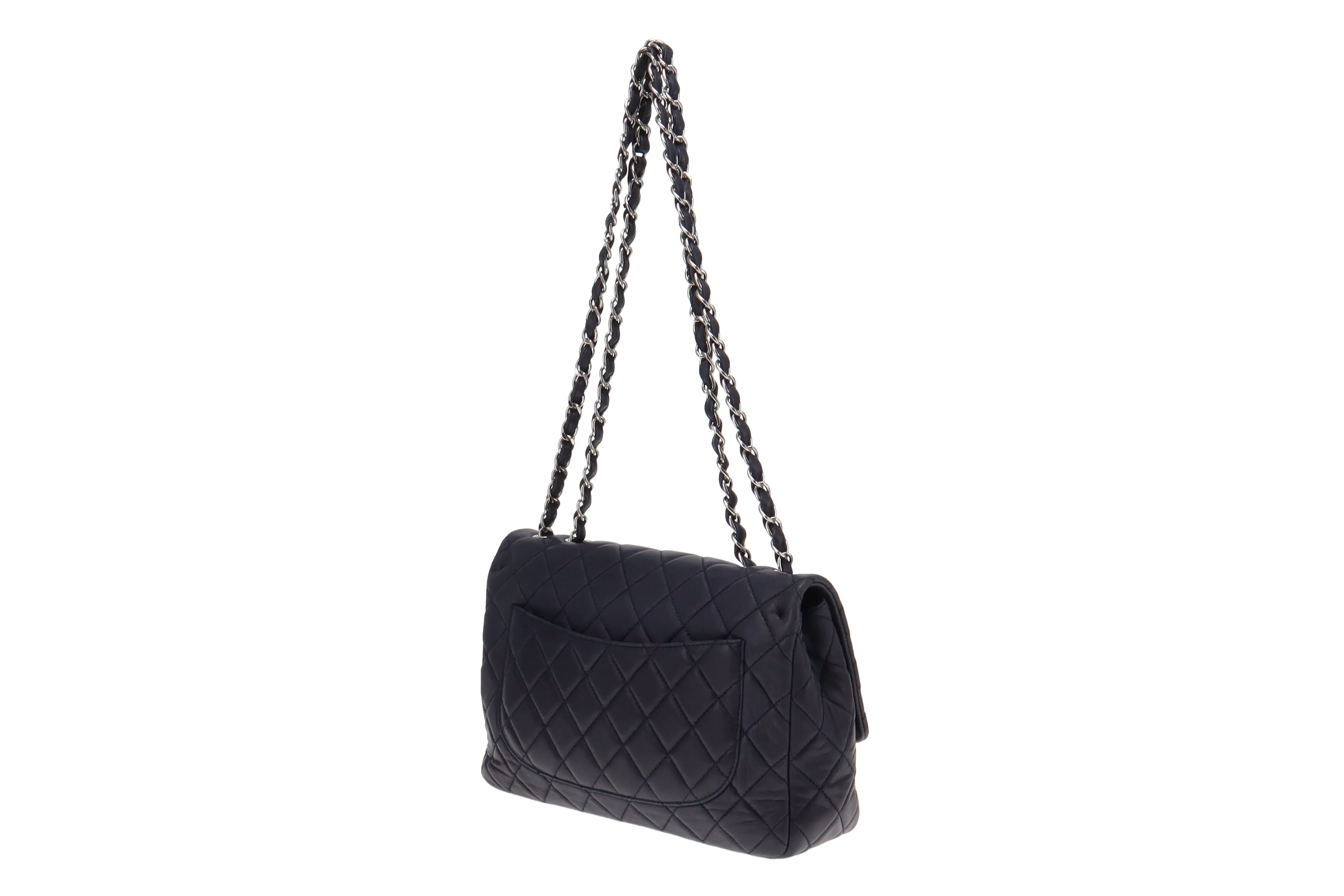 Chanel 2009 Navy Washed Lambskin Single Flap Jumbo Silver Hardware 2008/09