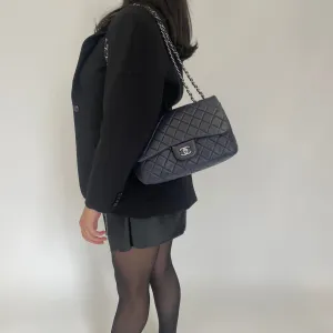 Chanel 2009 Navy Washed Lambskin Single Flap Jumbo Silver Hardware 2008/09