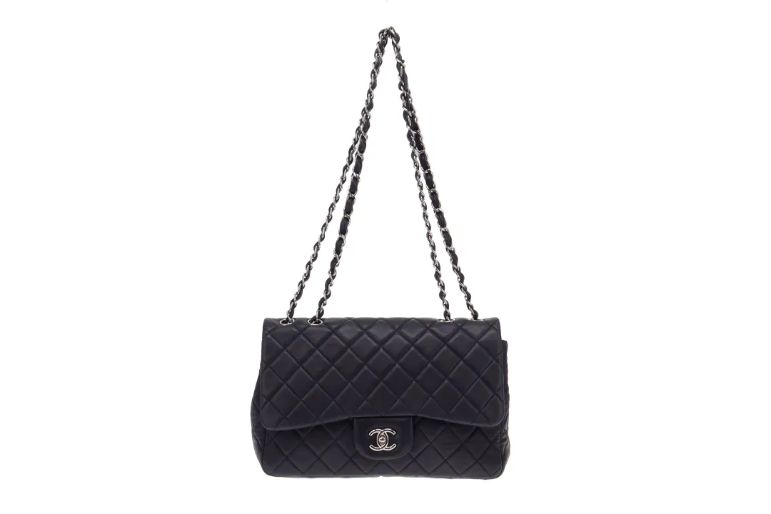Chanel 2009 Navy Washed Lambskin Single Flap Jumbo Silver Hardware 2008/09