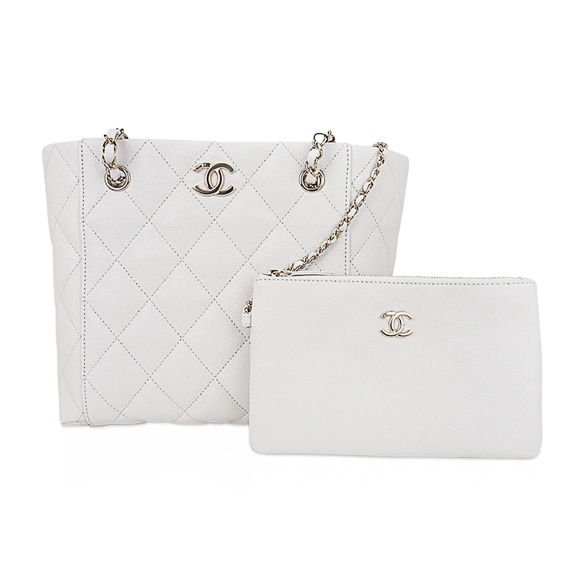 Chanel 2023 Limited Edition White Quilted Caviar Leather Large Tote Bag