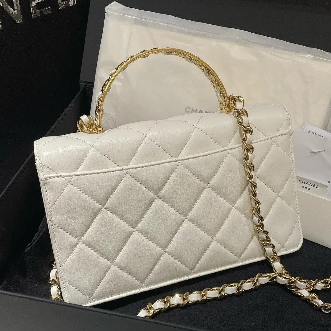 Chanel 24P Top Handle Flap Bag in White Leather