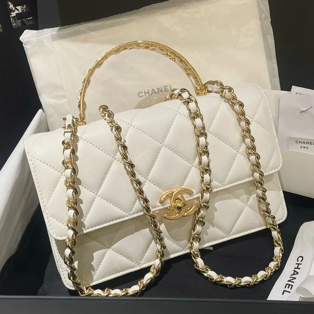 Chanel 24P Top Handle Flap Bag in White Leather