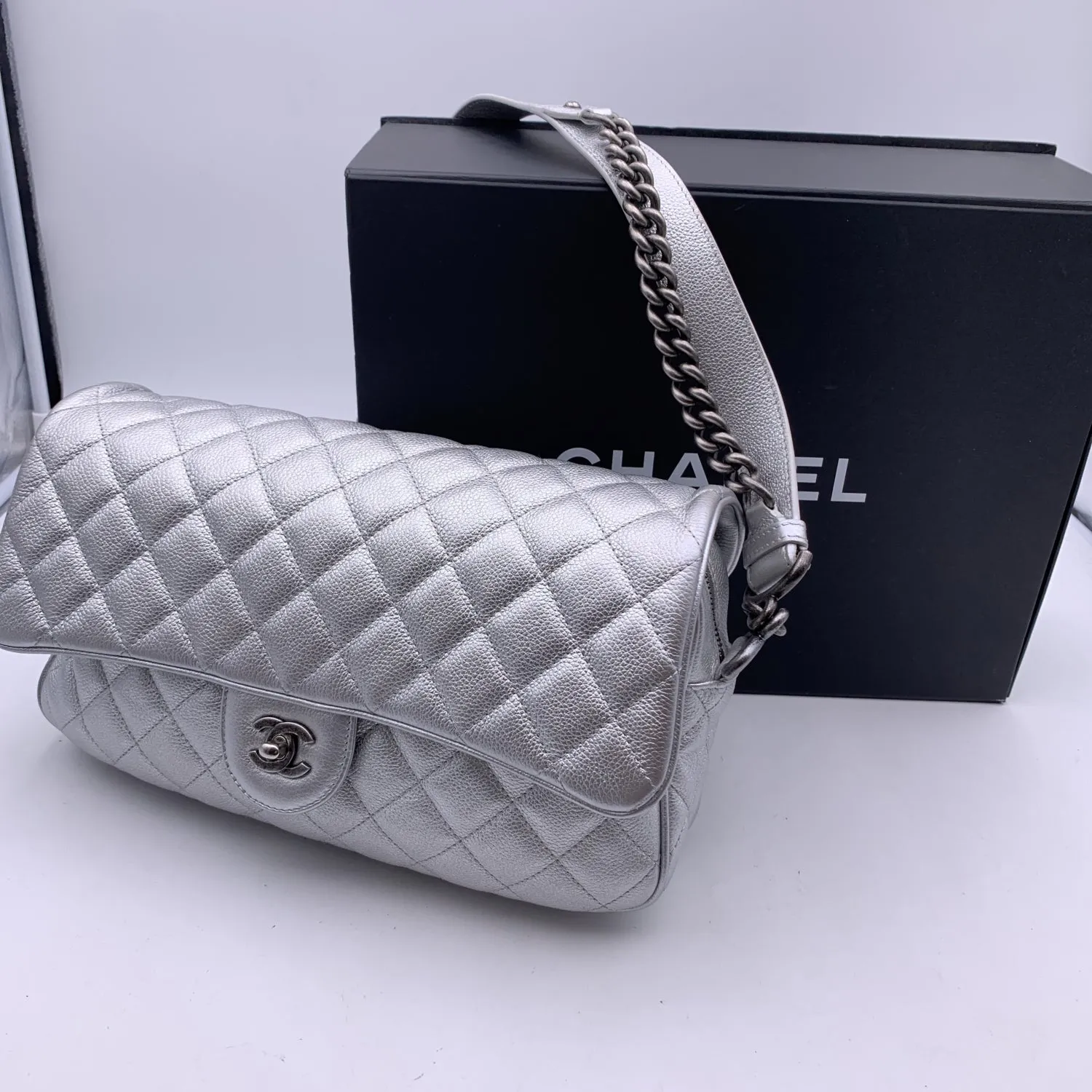 CHANEL Airline 2016 Silver Quilted Leather Easy Flap Shoulder Bag