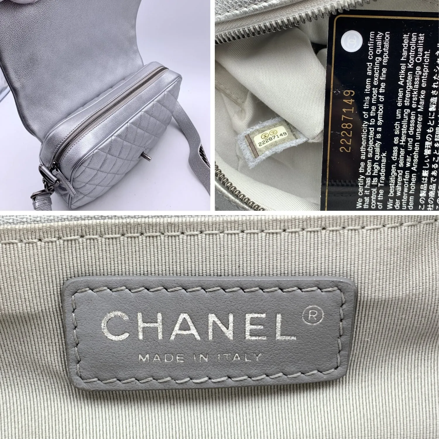 CHANEL Airline 2016 Silver Quilted Leather Easy Flap Shoulder Bag