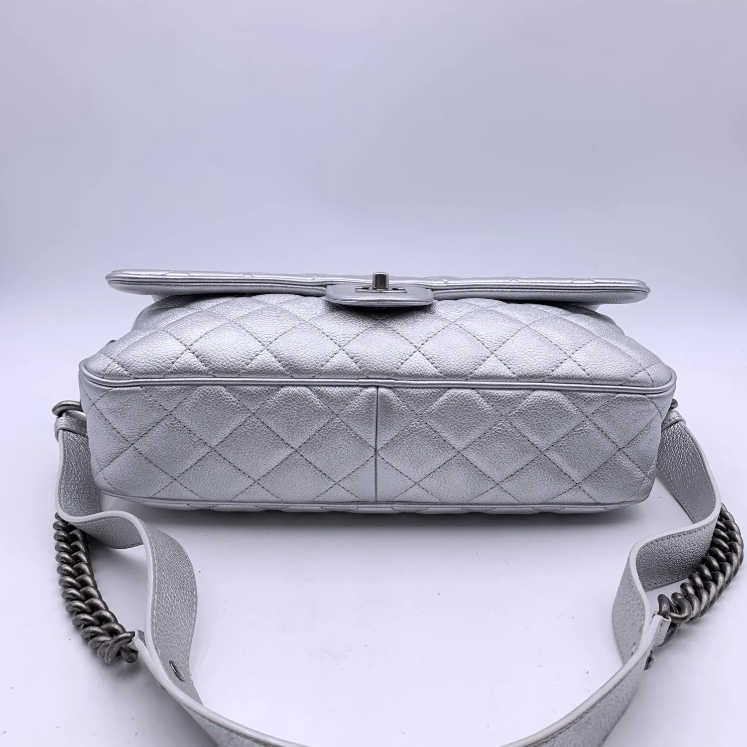 CHANEL Airline 2016 Silver Quilted Leather Easy Flap Shoulder Bag