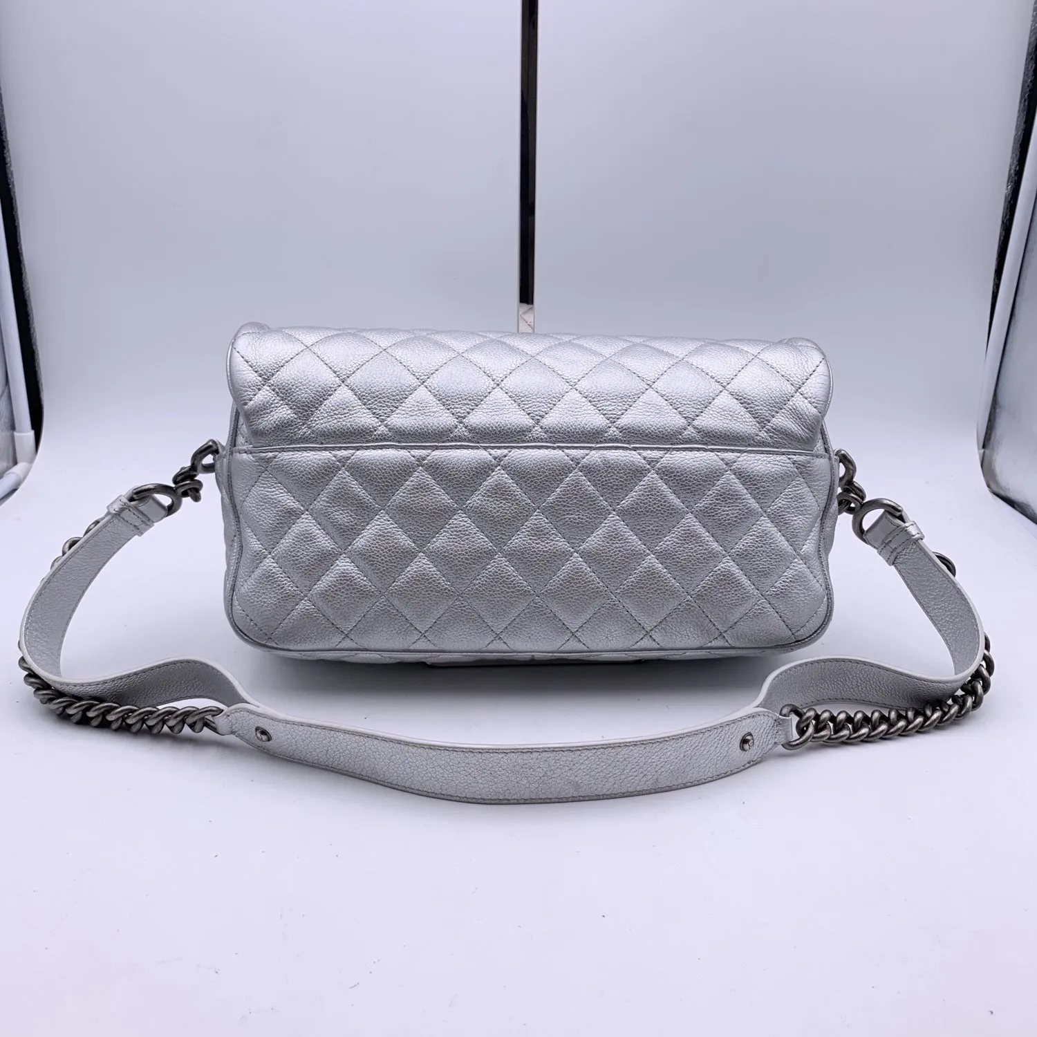 CHANEL Airline 2016 Silver Quilted Leather Easy Flap Shoulder Bag