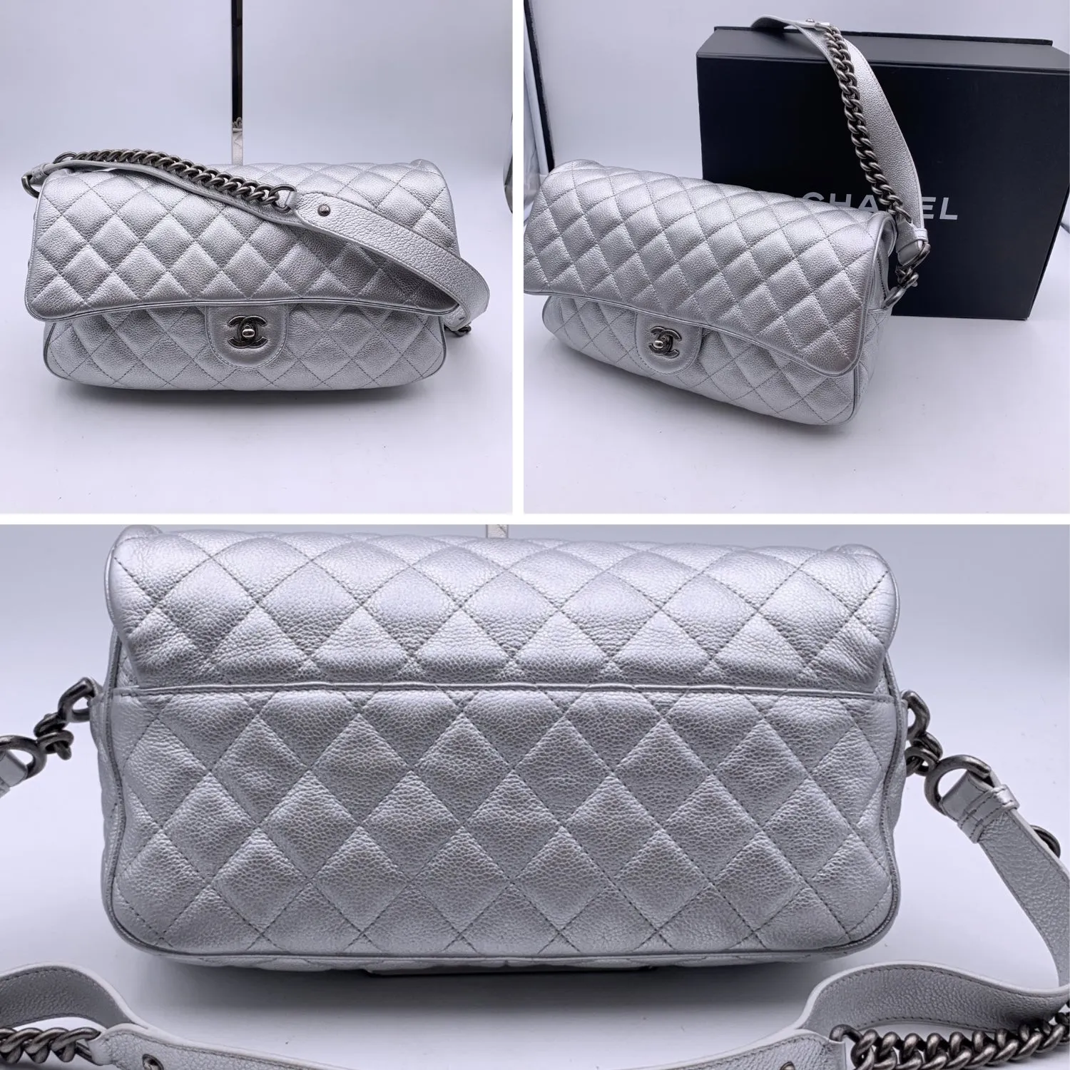 CHANEL Airline 2016 Silver Quilted Leather Easy Flap Shoulder Bag