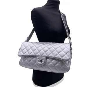 CHANEL Airline 2016 Silver Quilted Leather Easy Flap Shoulder Bag