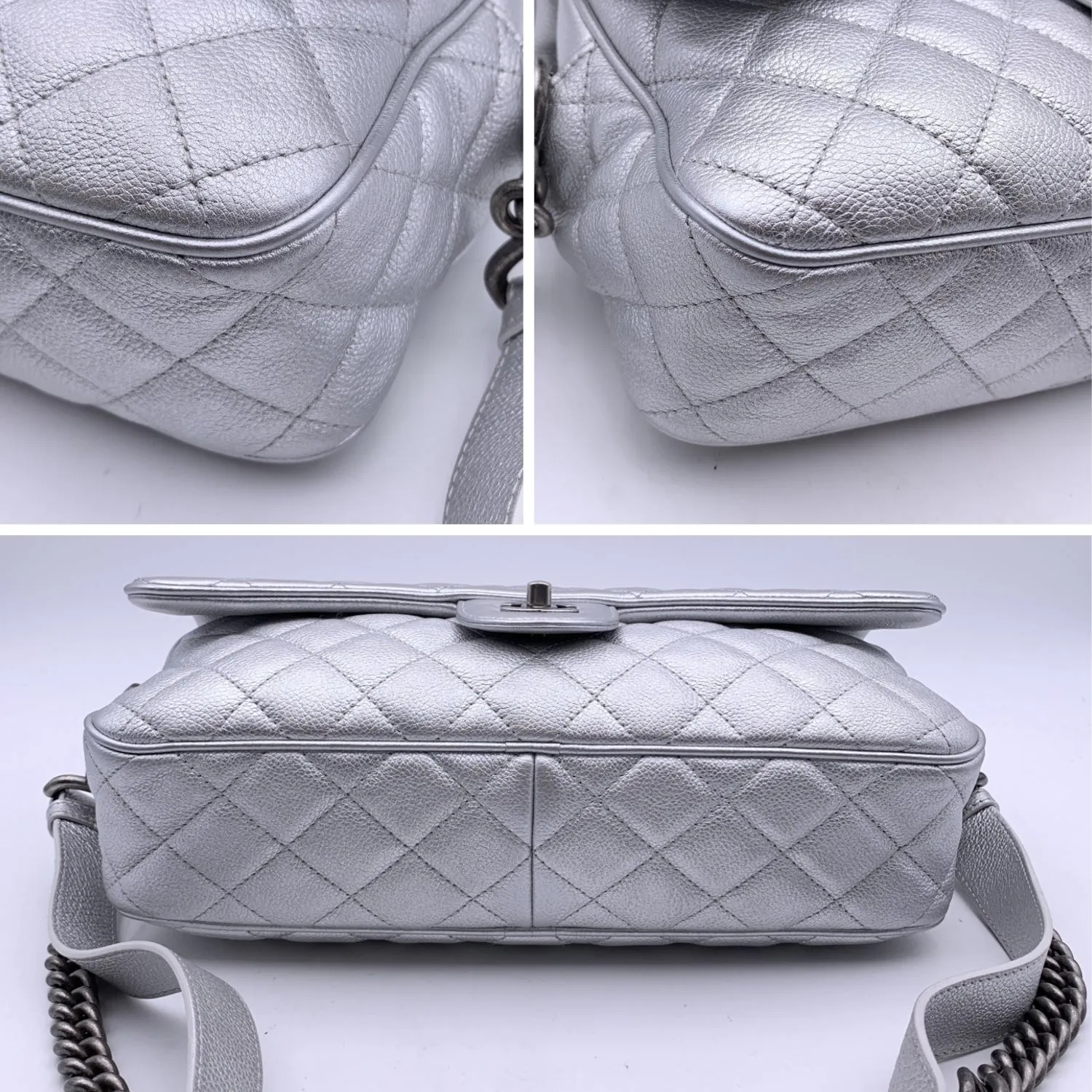 CHANEL Airline 2016 Silver Quilted Leather Easy Flap Shoulder Bag