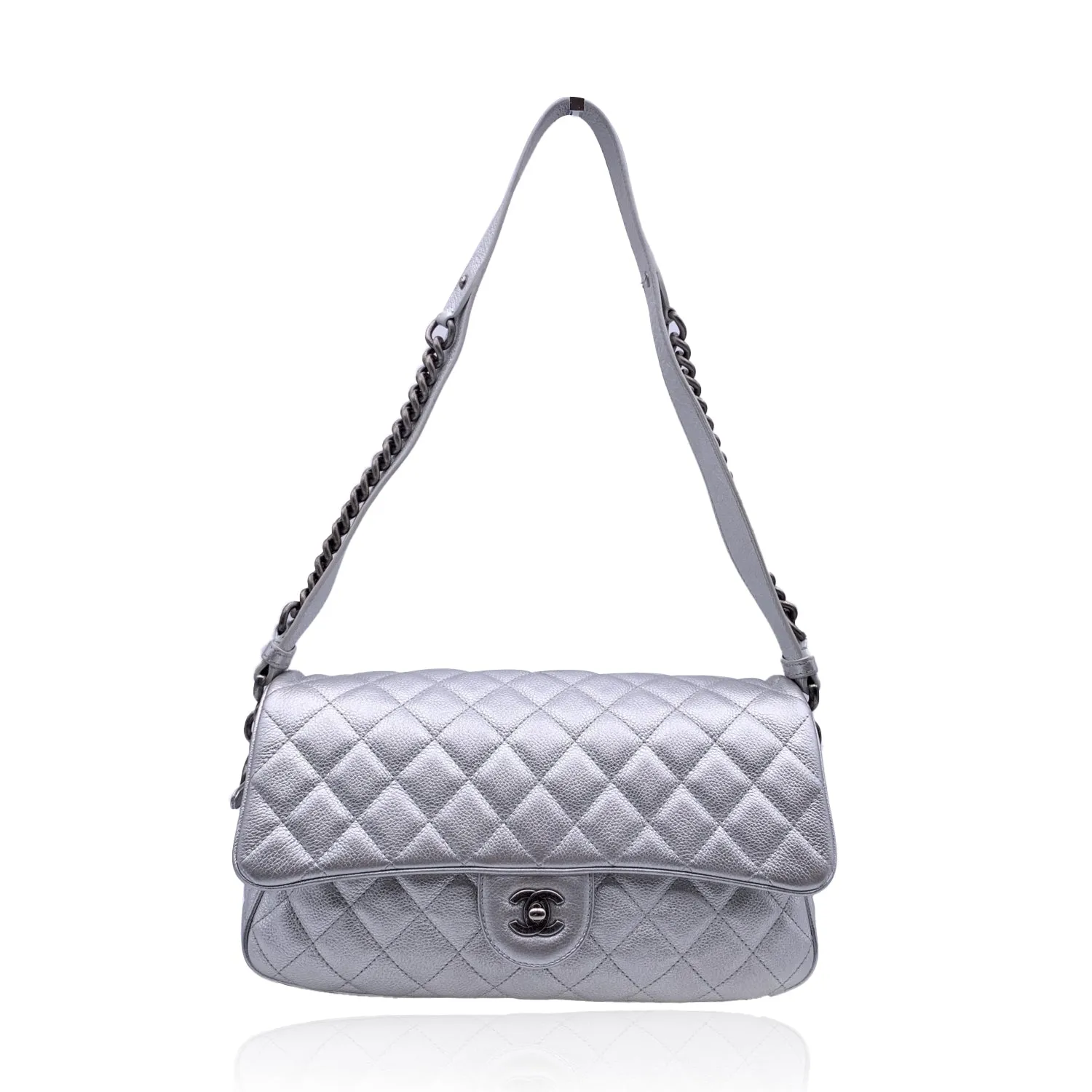 CHANEL Airline 2016 Silver Quilted Leather Easy Flap Shoulder Bag