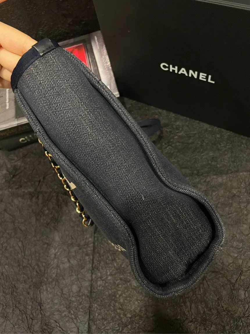 Chanel Almost New Navy Blue & White Bench Tote Bag S Size #17 with Card
