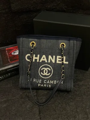 Chanel Almost New Navy Blue & White Bench Tote Bag S Size #17 with Card