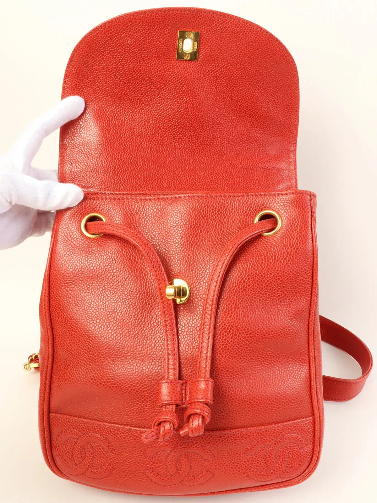 CHANEL Around 1995 Made Caviar Skin 6 Cc Mark Stitch Turn-Lock Backpack Red