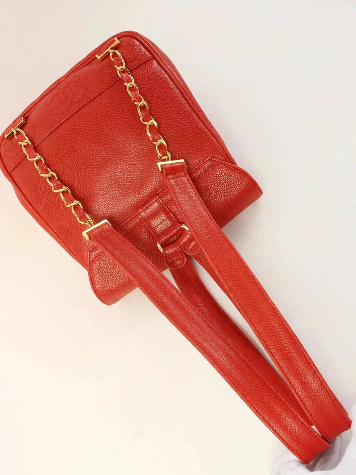 CHANEL Around 1995 Made Caviar Skin 6 Cc Mark Stitch Turn-Lock Backpack Red