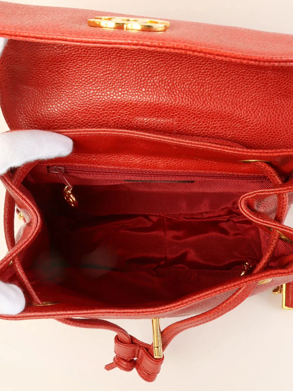 CHANEL Around 1995 Made Caviar Skin 6 Cc Mark Stitch Turn-Lock Backpack Red