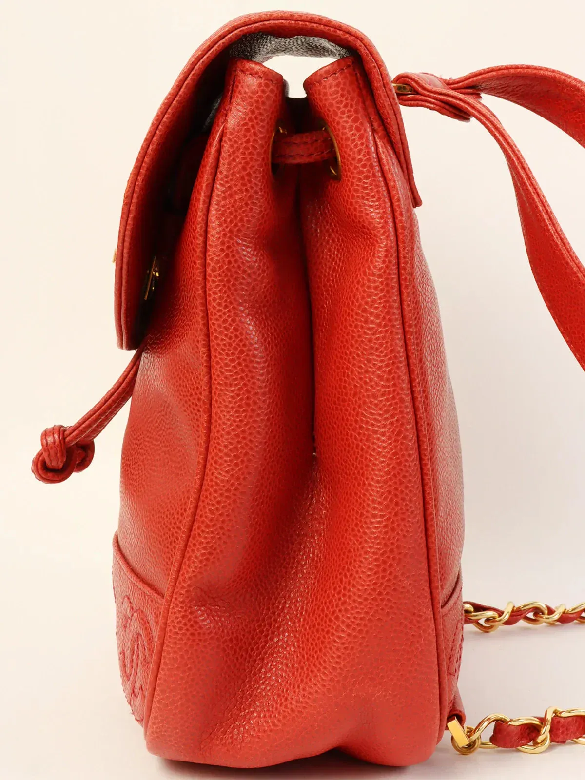 CHANEL Around 1995 Made Caviar Skin 6 Cc Mark Stitch Turn-Lock Backpack Red