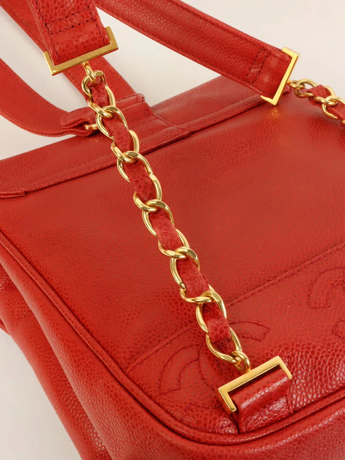 CHANEL Around 1995 Made Caviar Skin 6 Cc Mark Stitch Turn-Lock Backpack Red