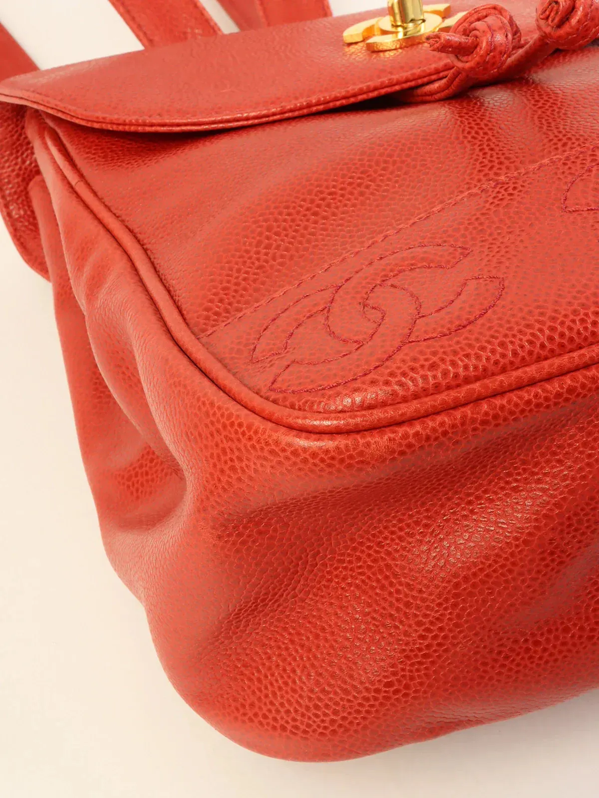 CHANEL Around 1995 Made Caviar Skin 6 Cc Mark Stitch Turn-Lock Backpack Red