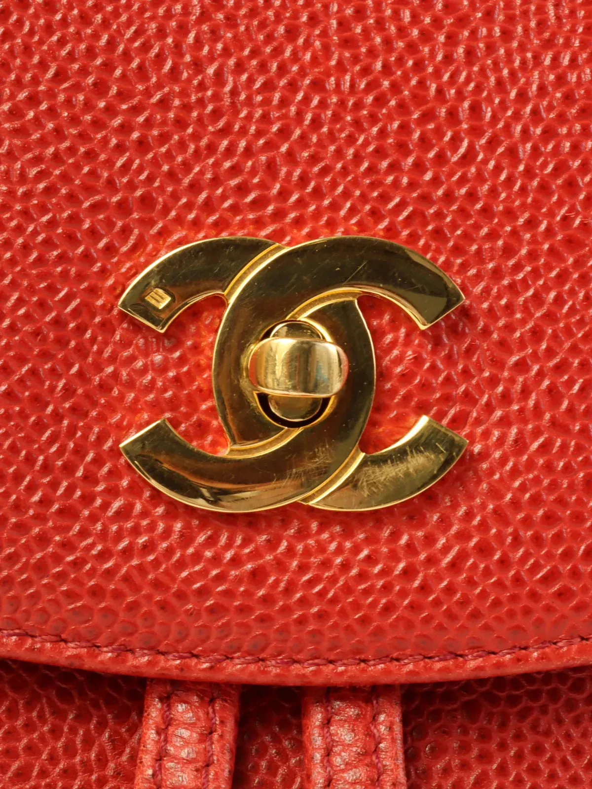 CHANEL Around 1995 Made Caviar Skin 6 Cc Mark Stitch Turn-Lock Backpack Red
