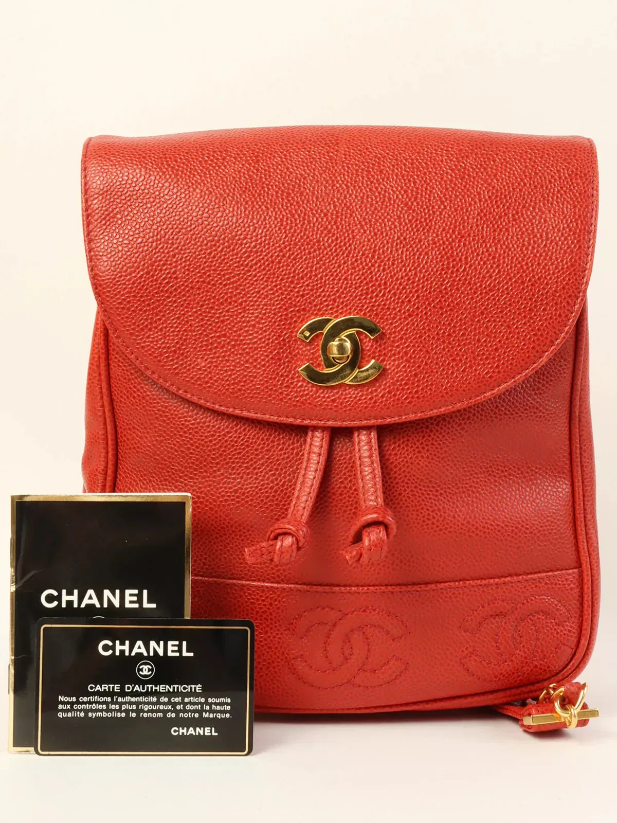 CHANEL Around 1995 Made Caviar Skin 6 Cc Mark Stitch Turn-Lock Backpack Red