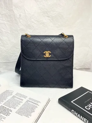 Chanel Black Gold Diamond Pattern Lychee Leather Kelly Shoulder Bag 20" * 21" with Card