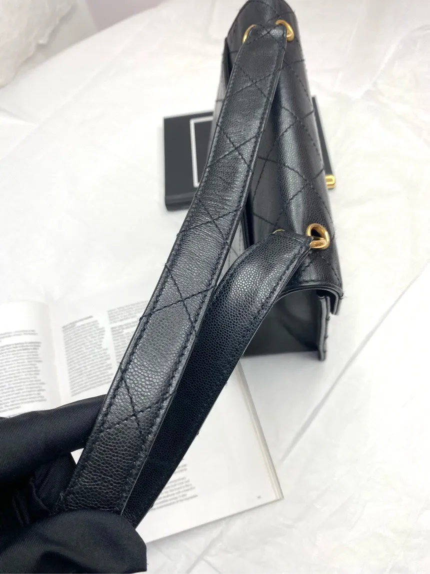Chanel Black Gold Diamond Pattern Lychee Leather Kelly Shoulder Bag 20" * 21" with Card