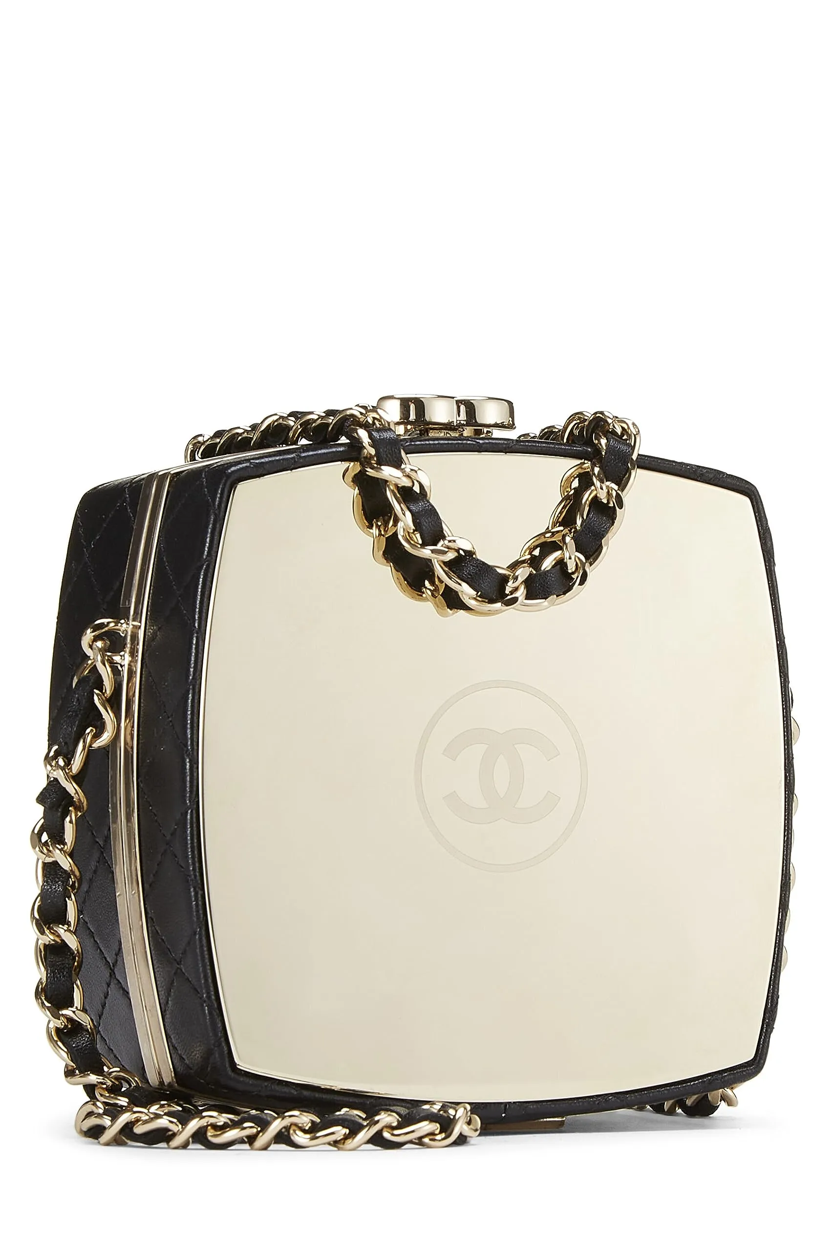 Chanel,  Black Lambskin Powder Clutch On Chain, Black