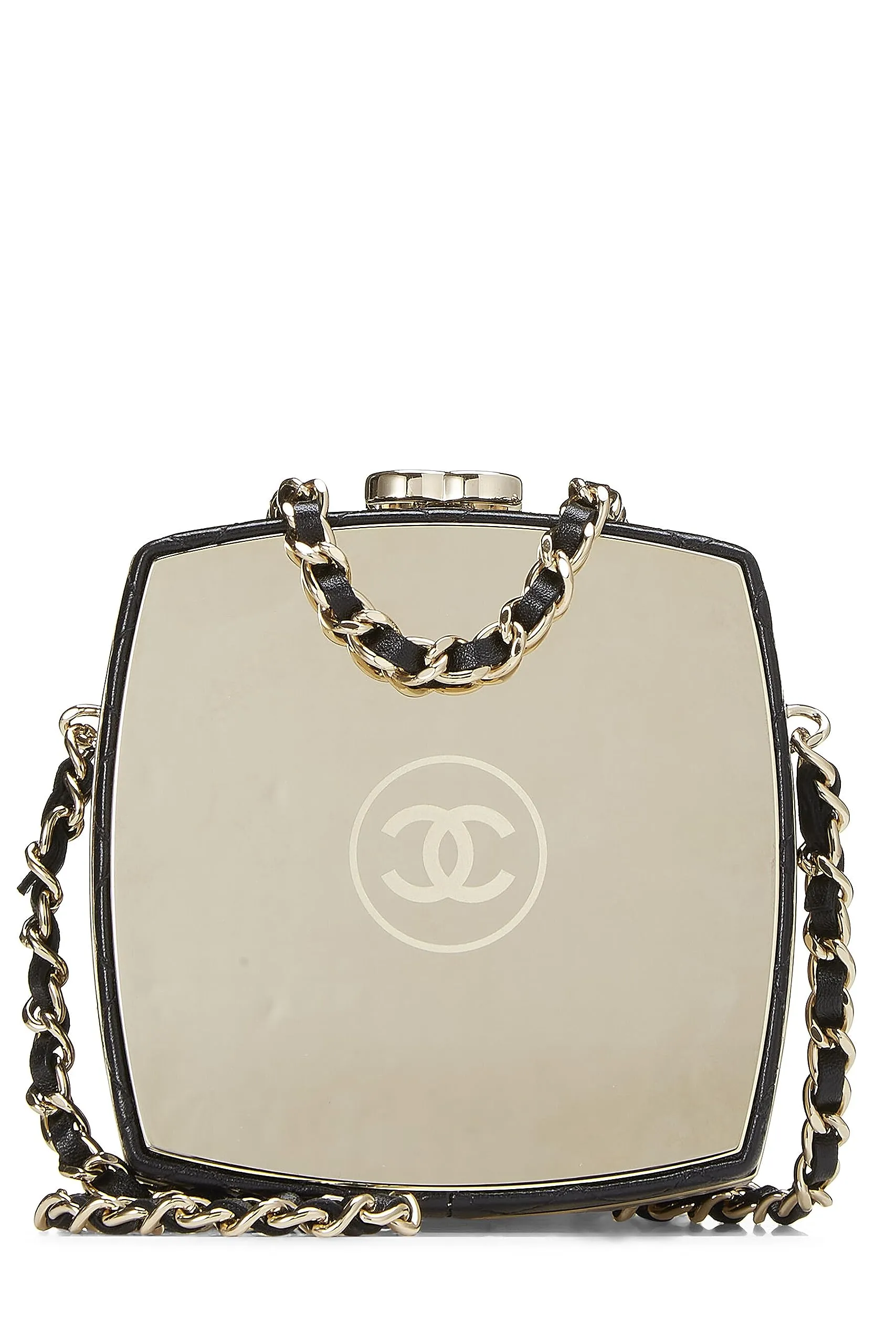 Chanel,  Black Lambskin Powder Clutch On Chain, Black