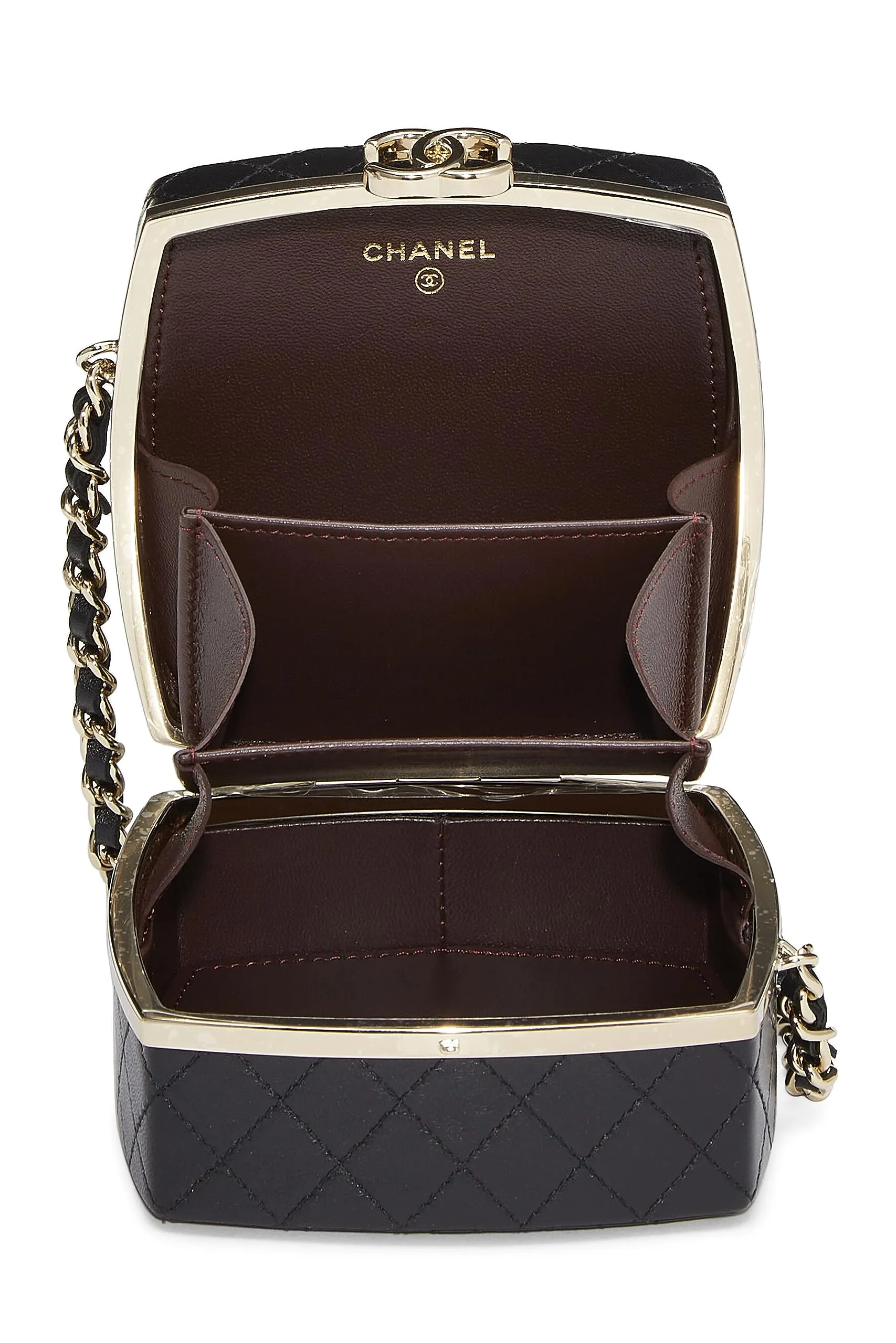 Chanel,  Black Lambskin Powder Clutch On Chain, Black