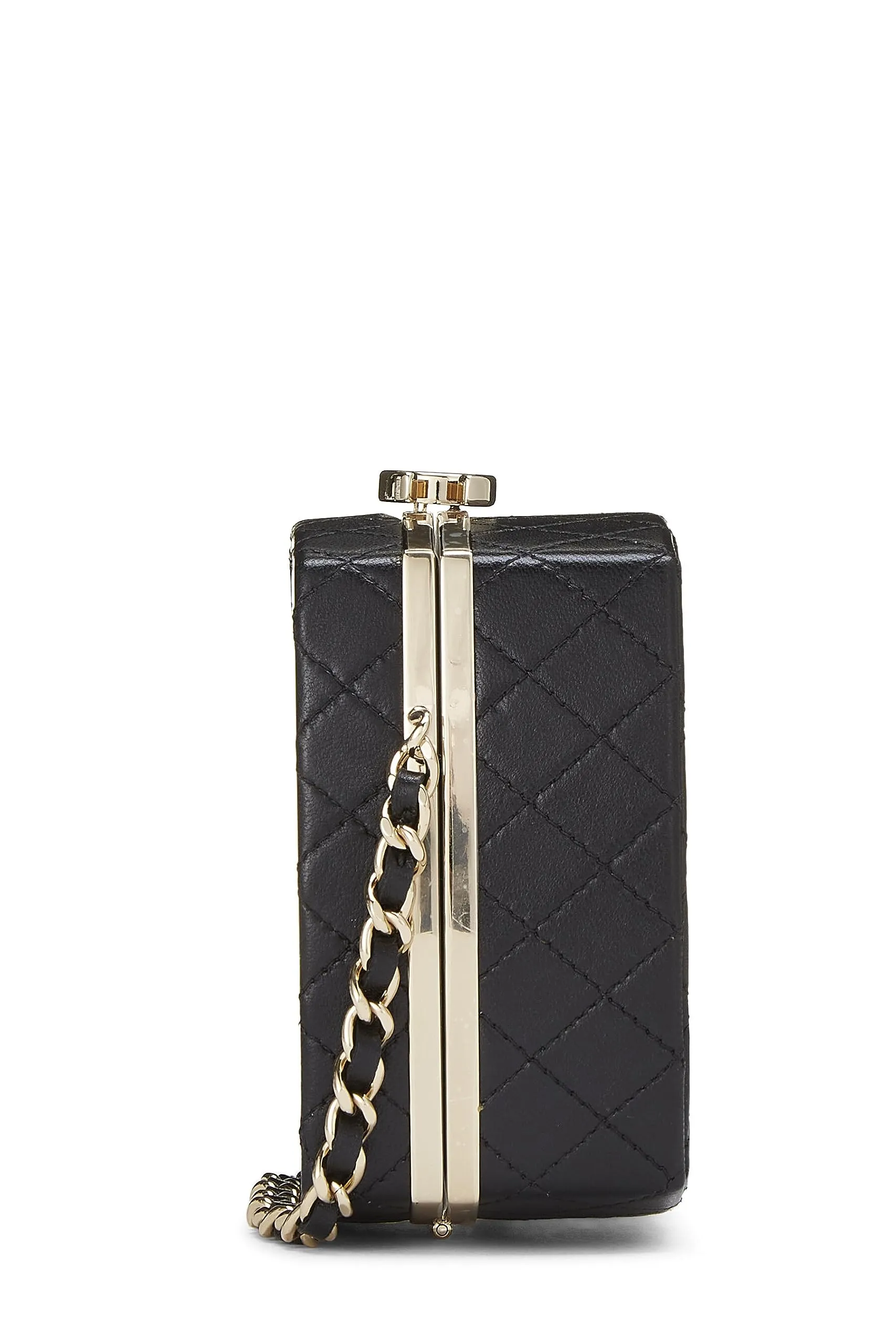 Chanel,  Black Lambskin Powder Clutch On Chain, Black