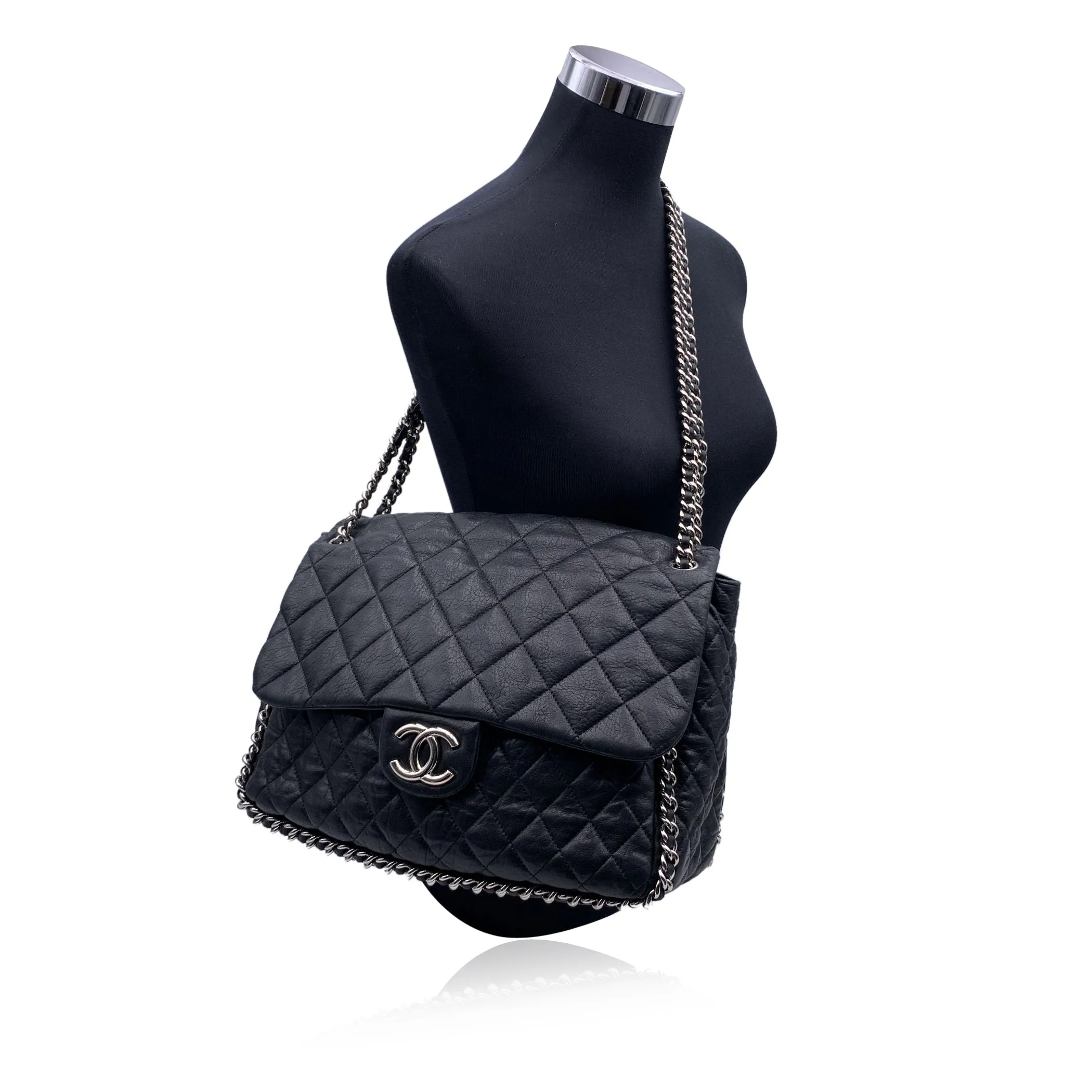 CHANEL Black Quilted Lambskin Chain Around Maxi Shoulder Bag