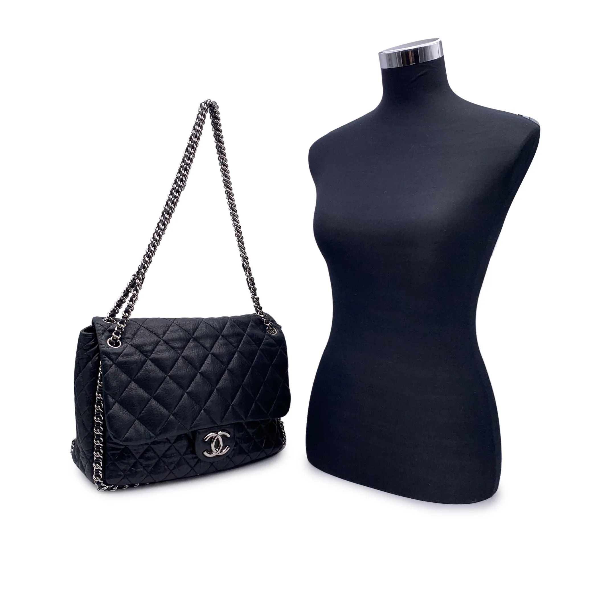 CHANEL Black Quilted Lambskin Chain Around Maxi Shoulder Bag