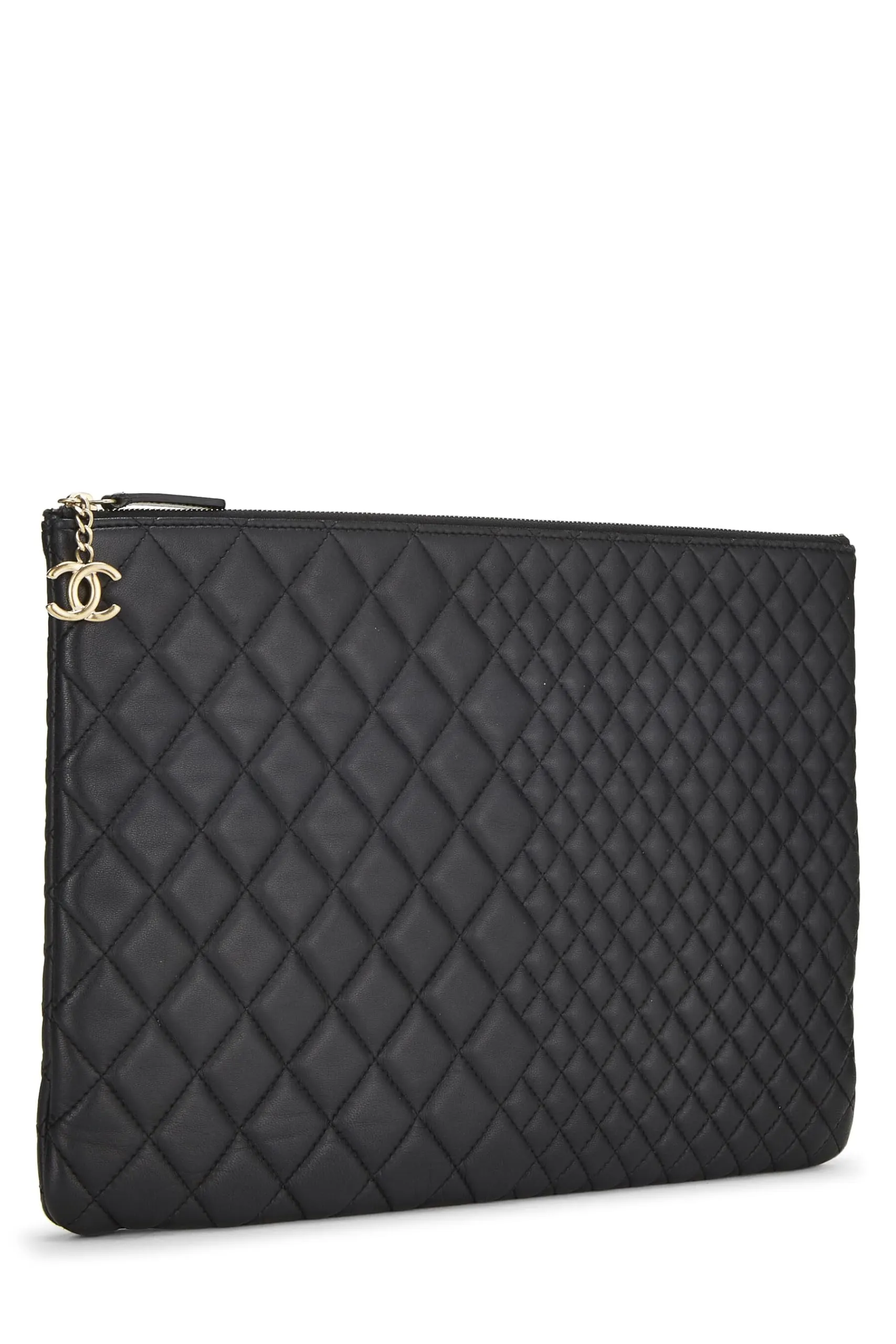 Chanel,  Black Quilted Lambskin O Case Zip Pouch Large, Black