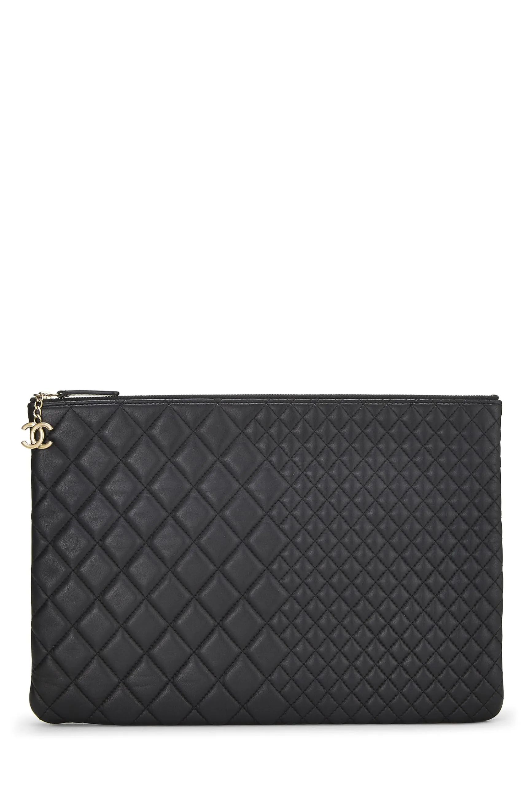 Chanel,  Black Quilted Lambskin O Case Zip Pouch Large, Black